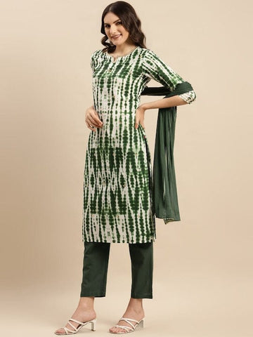 Varanga Women Green Shibori Straight Kurta Paired With Tonal Bottom And Dupatta