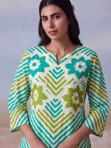 Cotton Striped Printed A-Line Kurta With Solid Trouser