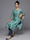 Varanga Women Blue Floral Printed Kurta, Round Neck Straight Kurta Paired With Tonal Bottom And Printed Dupatta.