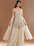 Women's Beads Embroidered Shimmer Short Kurta With Palazzo And Dupatta