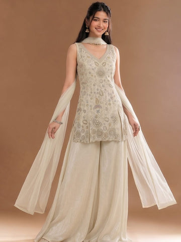 Women's Beads Embroidered Shimmer Short Kurta With Palazzo And Dupatta