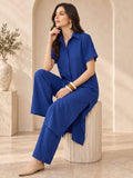 Navy Solid Shirt Collar Kurta Set