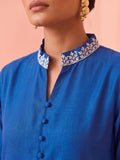 Indigo Blue Embroidered V-Neck Kurta With Polka Dot Detailed Trousers Set