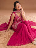 Rani Pink Embroidered Kurta Set Featuring Zari And Sequin Work With Flared Palazzo And Embellished Dupatta