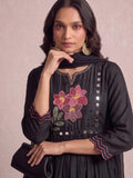 Black Embroidered Flared Kurta With Floral Yoke Detailing.