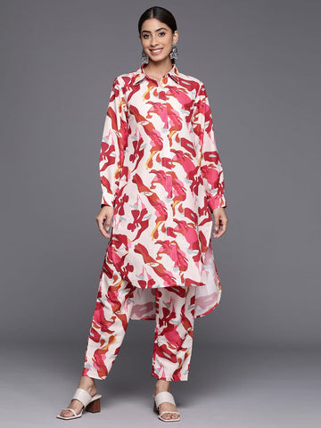 KSUT Women Abstract Printed Shirt Collar Straight Kurta With Tonal Bottom