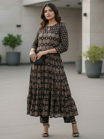 Midnight Blossom Tiered Flared Suit Set