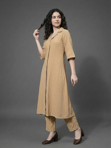 Varanga Women Mauve Shirt Collar Neck A-Line Kurta Paired With Tonal Bottom