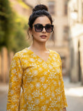 Varanga Women's Mustard Yellow Floral Print Tunic with V-Neck