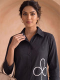 Casual Black Shirt Dress With Thread Embroiderey Detailing