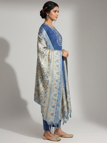 Varanga Women Embroidered Yoke Straight Kurta Paired With Tonal Bottom And Printed Bhagalpuri Dupatta