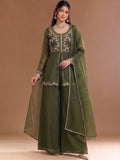 Varanga Green Embroidered Palazzos With Dupatta | Poly Georgette | Festive