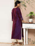 Varanga Women purple And Gold Toned Woven Design Embroidered Jacquard Kurta