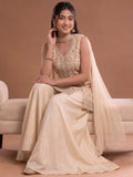 White Embroidered Kurta Set Featuring Zari And Sequin Work With A Matching Flared Palazzo And Embellished Dupatta