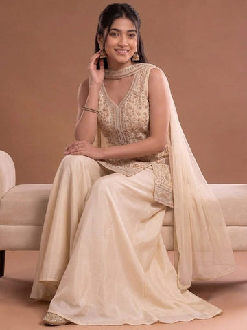 White Embroidered Kurta Set Featuring Zari And Sequin Work With A Matching Flared Palazzo And Embellished Dupatta