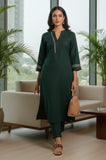 Varanga Women Green Mandarin Collar Thread Embroidered With Pleate Deatialing Kurta Paired With Bottom