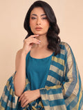 Women Teal Blue Solid Kurta Set With Farsi Salwar & Striped Dupatta