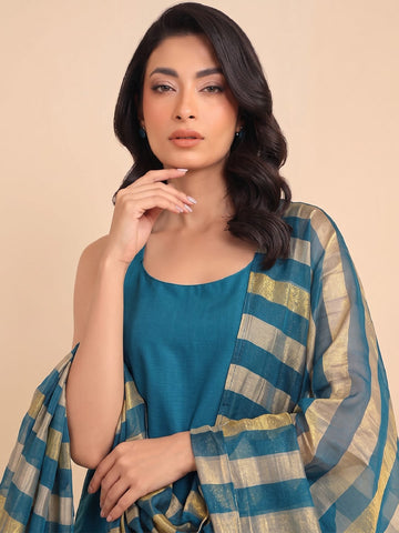 Women Teal Blue Solid Kurta Set With Farsi Salwar & Striped Dupatta