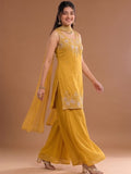 Round Neck Embroidered Kurta Set Featuring Zari And Sequin Work With Flared Palazzo And Embellished Dupatta