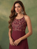 Womens Maroon Halter-Neck Embroidered Anarkali Set