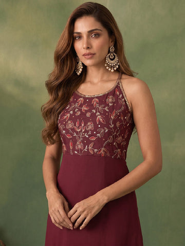 Womens Maroon Halter-Neck Embroidered Anarkali Set