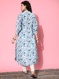 KSUT Women Turquoise Blue And White Printed Cotton Kurta