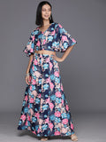 Varanga Women Blue Floral Printed Flared Sleeves With Tie Up Details Crop Top With Flared Bottom