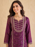 Wine Embroidered Kurta Set Paired With A Shimmering Organza Dupatta.