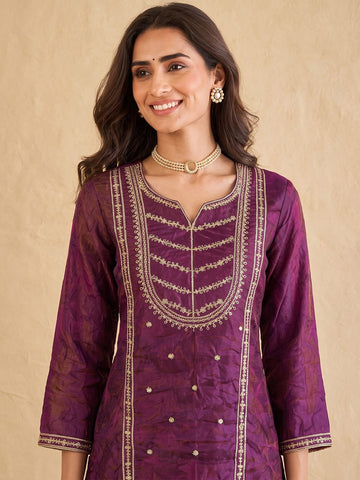 Wine Embroidered Kurta Set Paired With A Shimmering Organza Dupatta.