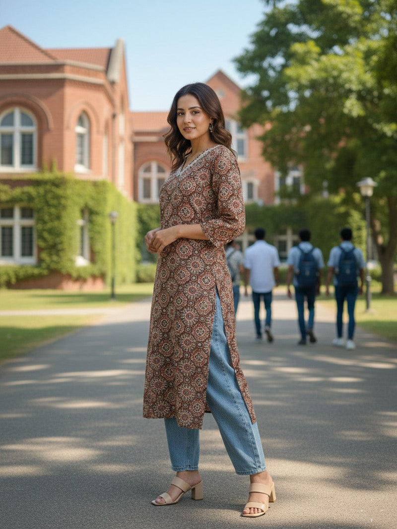 Varanga Traditional Jal Pattern Brown Kurta for Women