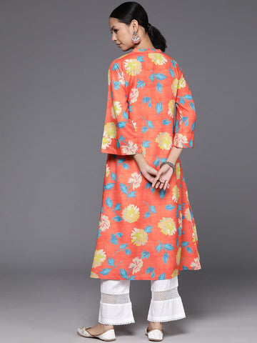 KSUT Women Orange Floral Printed V-Neck A-Line Kurta With Side Slits
