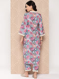 KSUT Women Blue Floral Printed V-Neck Straight Kurta Paired With Printed Bottom