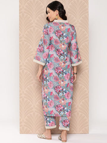 KSUT Women Blue Floral Printed V-Neck Straight Kurta Paired With Printed Bottom