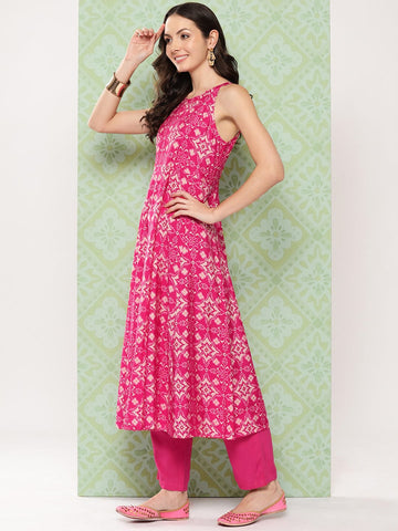 Varanga Women Pink Patola Printed Anarkali Kurta Paired With Solid Bottom