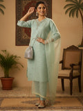 Zari-Embroidered Kurta Paired With Solid Trousers And A Tonal Dupatta .