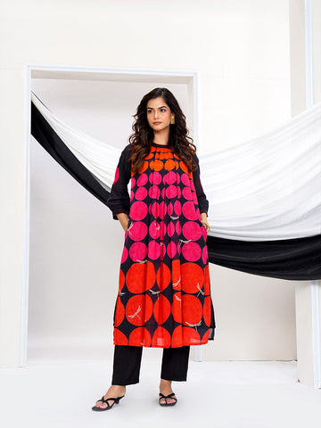 Abstract Print Black Kurti with Contrast Geometric Pattern