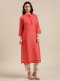 KSUT Red And Cream Bandhej Printed Straight Kurta With 3/4Th Sleeves.