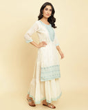 varanga women cream blue embroidered kurta attached with skirt