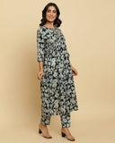 Varanga Women Teal Floral Printed A-line Kurta Paired With Bottom And Dupatta