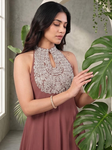 Varanga Women Nude Yoke Embroidered Sleeveless Flared Kurta With Trousers.