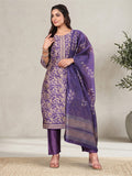 Varanga Women Purple Floral Printed Straight Kurta with Trouser and Printed Dupatta