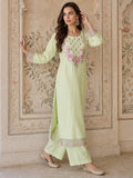 Pista Green Embroidered Chanderi Kurta Set With Organza Dupatta