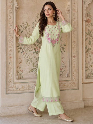 Pista Green Embroidered Chanderi Kurta Set With Organza Dupatta