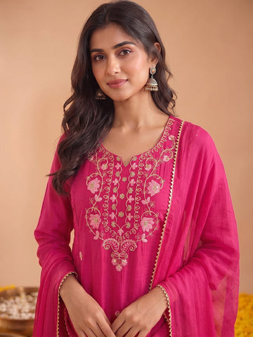 Women'S Pink Mul Chanderi Kurta Set With Chiffon Dupatta