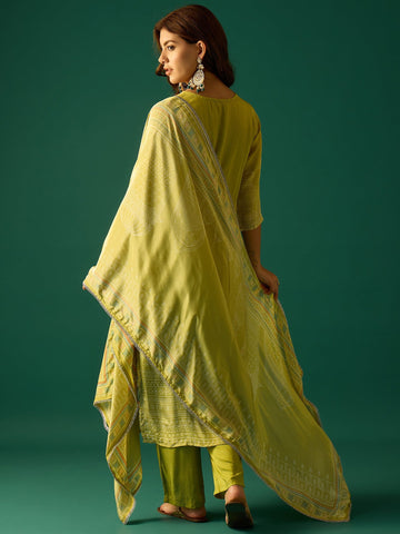 Kurta With Stone-Embellished Print Paired With Solid Ankle-Length Trousers And A Printed Dupatta