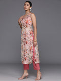 Varanga Biege Floral Printed High Slit Kurta with Trousers