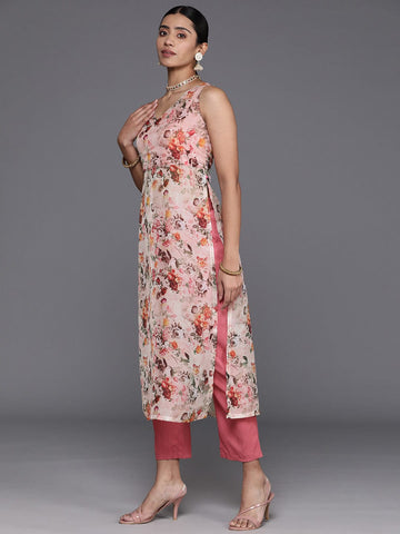 Varanga Biege Floral Printed High Slit Kurta with Trousers