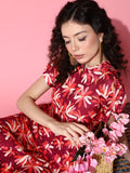 varanga burgundy and white floral print mandarin collar crepe a line midi dress