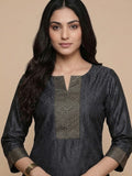 Varanga Women Navy Blue Woven Zari Embroidered Straight Kurta With Bottom And Dupatta
