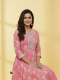 Women's Pink Cotton Floral Print Anarkali Set with Dupatta